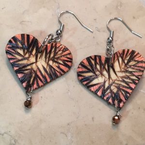 Earrings. Handmade wood burned, hand painted heart